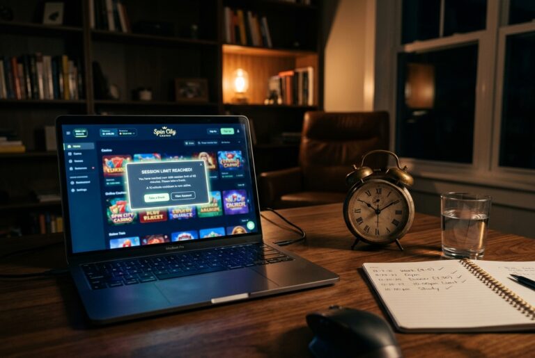Bàn làm việc với laptop hiển thị thông báo giới hạn phiên chơi cùng đồng hồ hẹn giờ cơ học